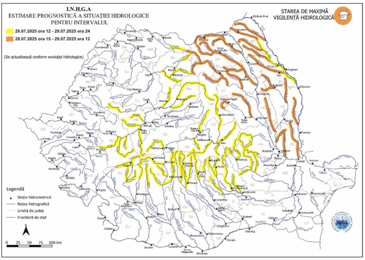 Apele se dezlănțuie! INHGA, noi avertizări de INUNDAȚII pe râuri din 26 de județe! Actualitate inundații,INHGA