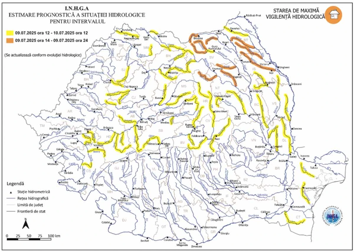 INHGA, avertizări Cod portocaliu și galben de INUNDAȚII în 28 de județe! Actualitate inundații