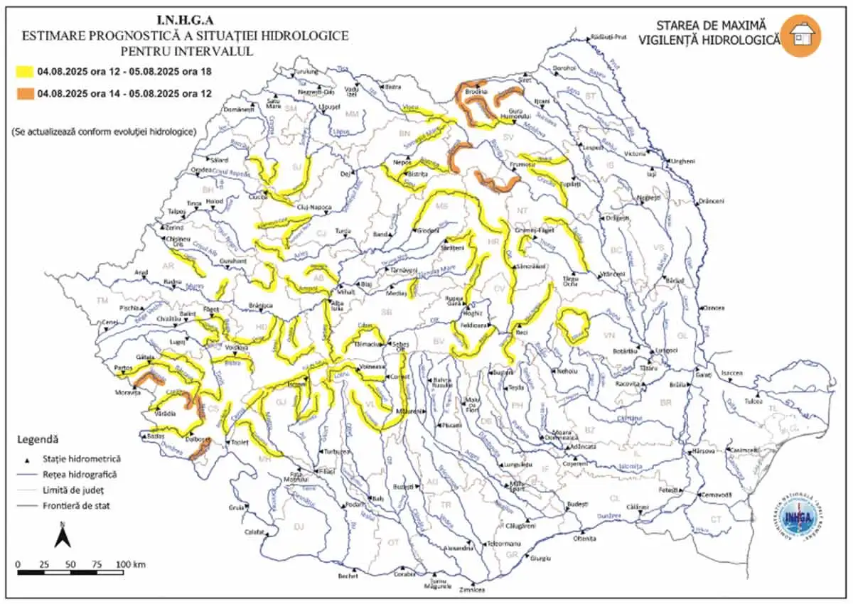 INHGA – Pericol de inundații pe râuri din 24 de județe! Actualitate inundații,INHGA
