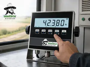 Indicator digital cântar rutier afișând 42.380 kg — electronica unui pod basculă agricol modern